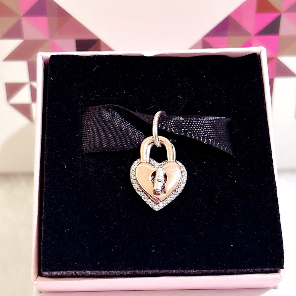 PANDORA Two-tone Twistable Heart Padlock Double Dangle Charm w/box - Picture 9 of 11